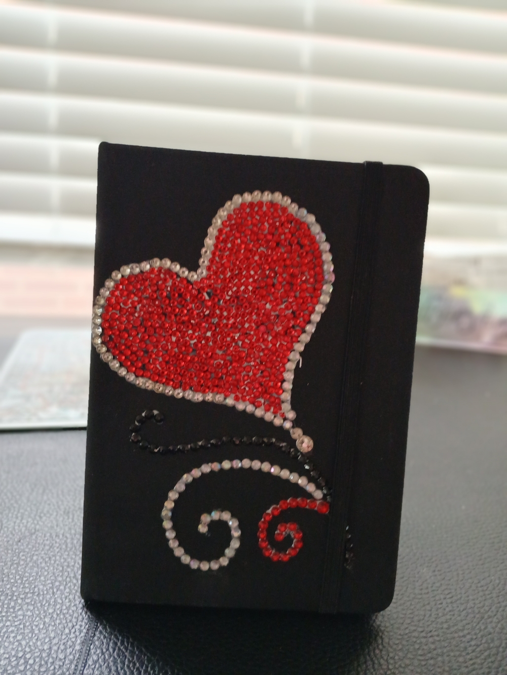 Black Notebook with Red Crystal Heart Accent - Stylish Protective Cover